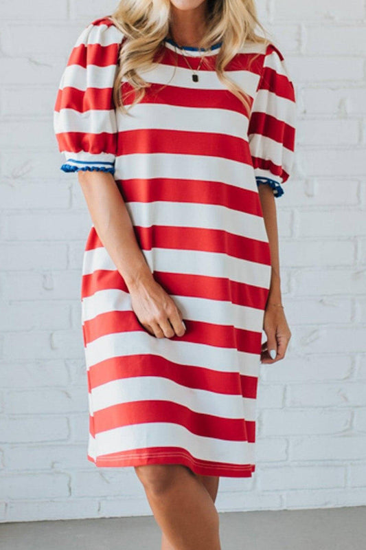 Red Stripe Puff Sleeve Dress