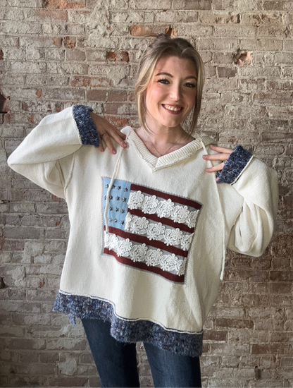 V Neck Old Glory Hooded Sweater