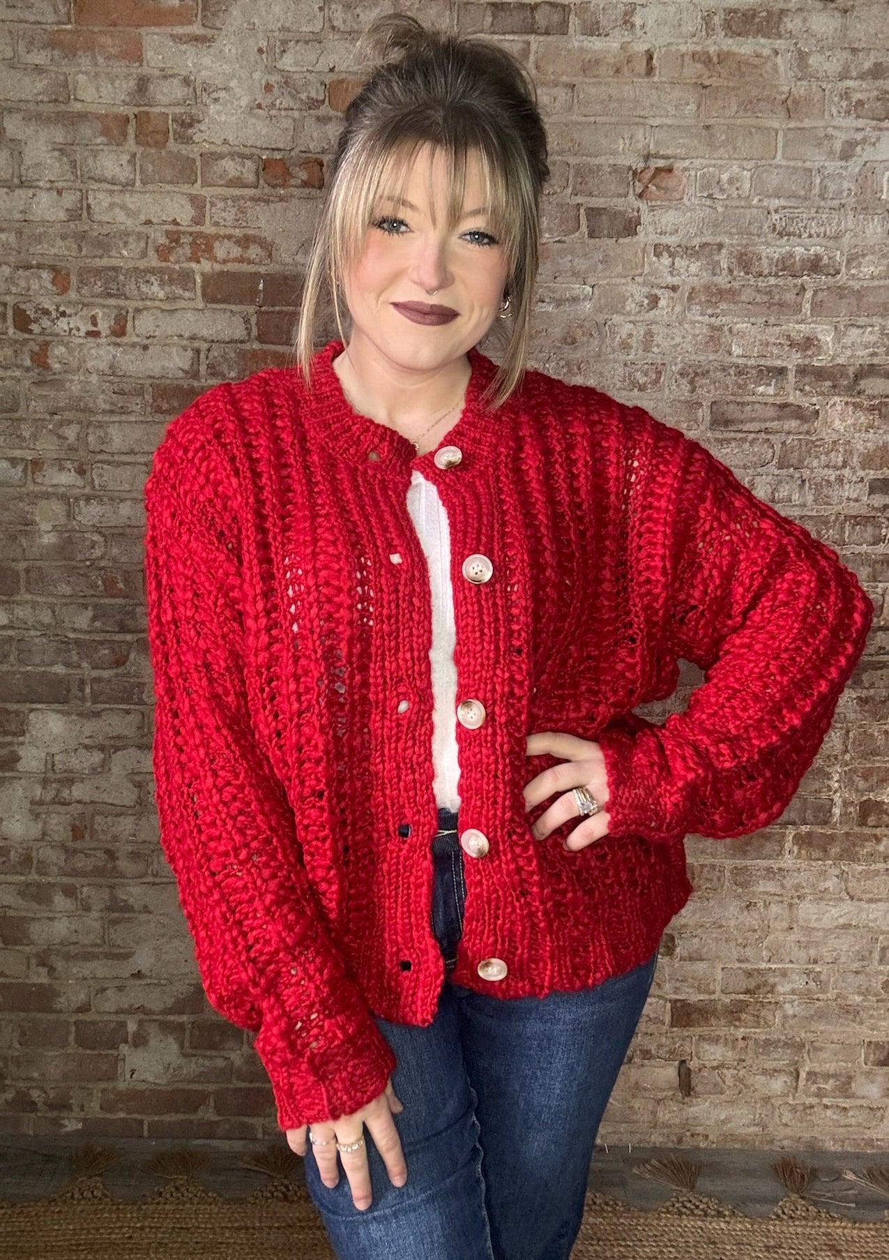 Chunky Knit Cardigan ~ Red