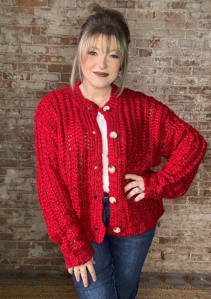 Chunky Knit Cardigan ~ Red