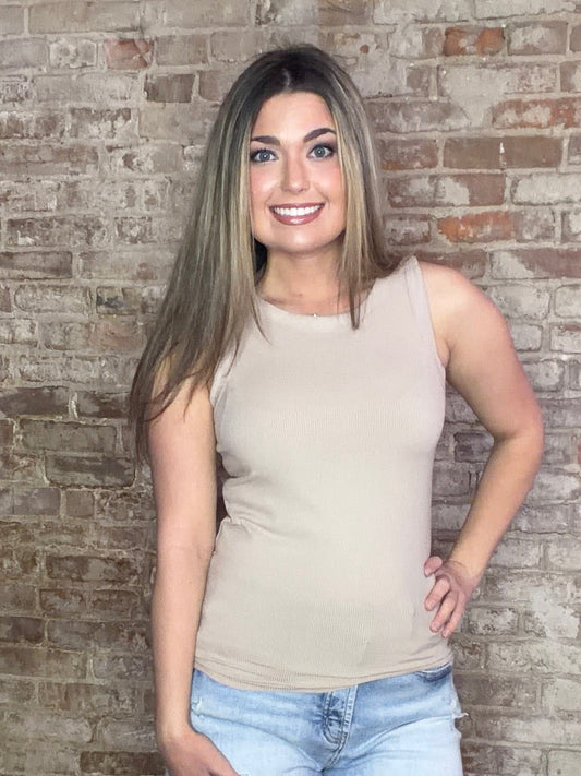 Ribbed Round Neck Tank Top ~ Sand Beige