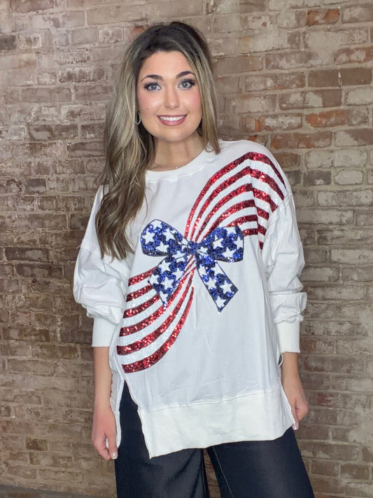American Flag Bow Sweatshirt ~ Red, White, and Blue