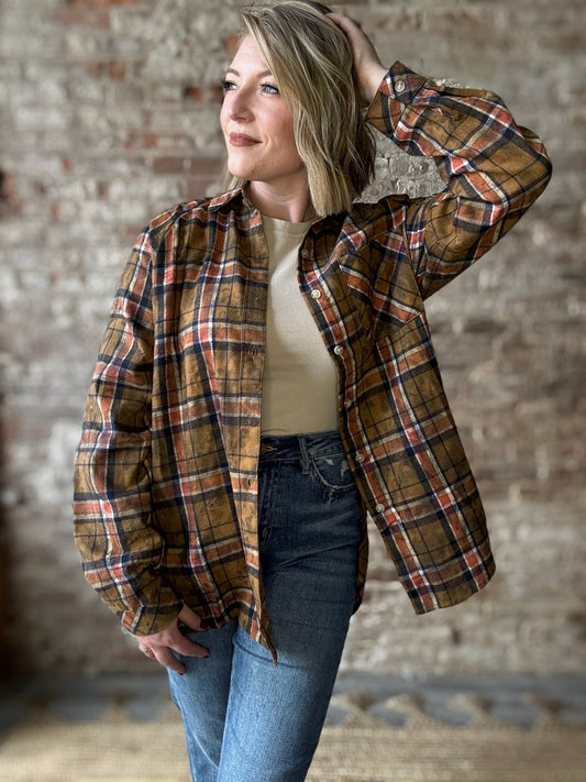 Cozy Fall Plaid Washed Flannel Shirt - Camel