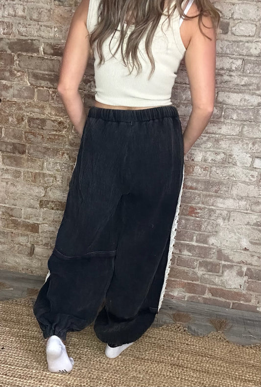 Black Jogger Pants with Gauze and Stud Details
