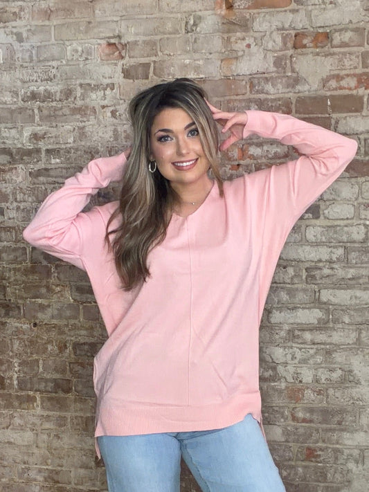Soft Front Seam V Neck Sweater ~ Carnation