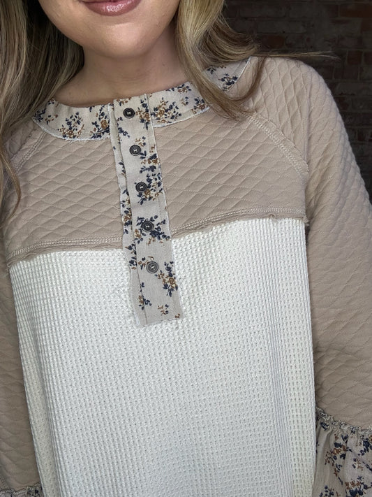 Thermal Bell Sleeved Top with Blue Floral Print