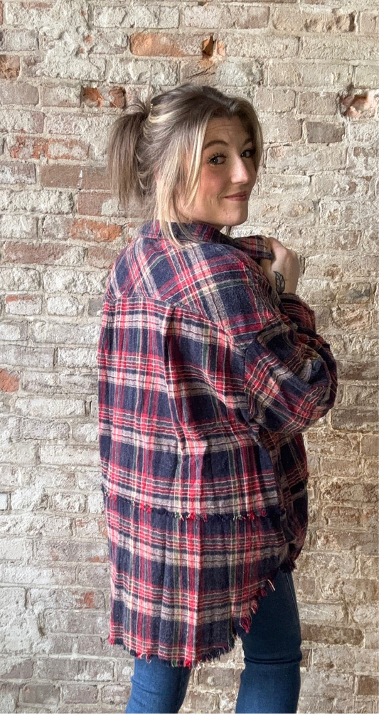 Mineral Washed Plaid Flannel Shirt ~ Navy
