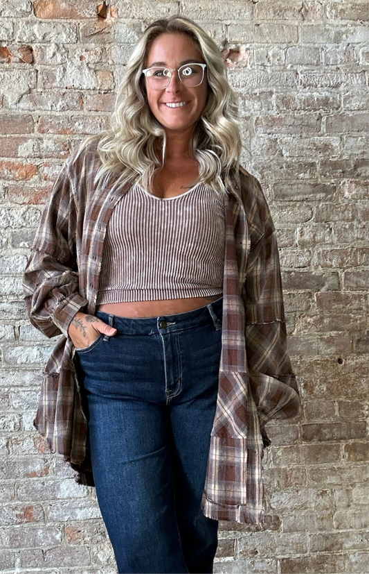 Curvy Mineral Washed Plaid Tunic ~ Coffee