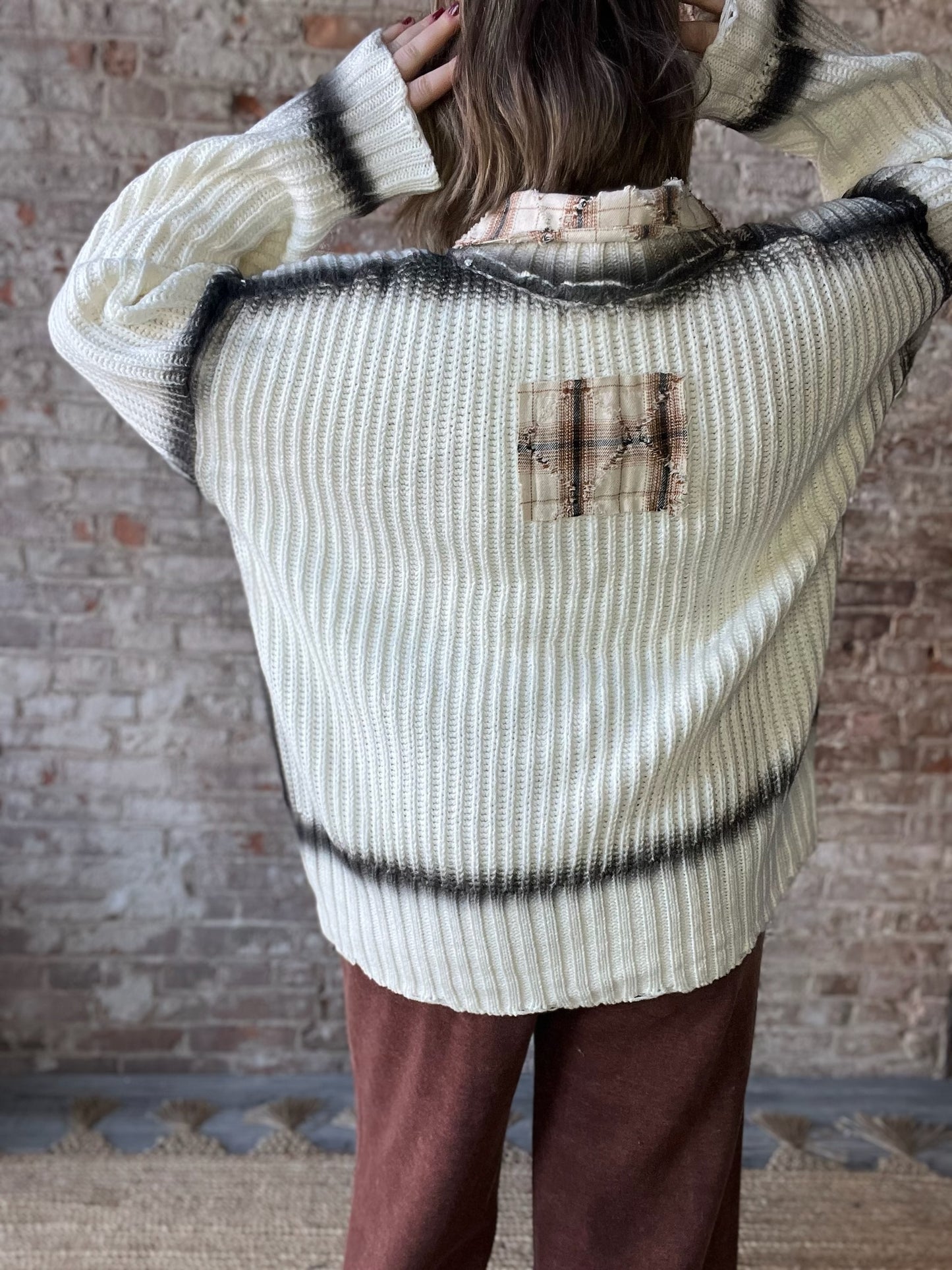 Long Distressed Cardigan with Rust Color Trim