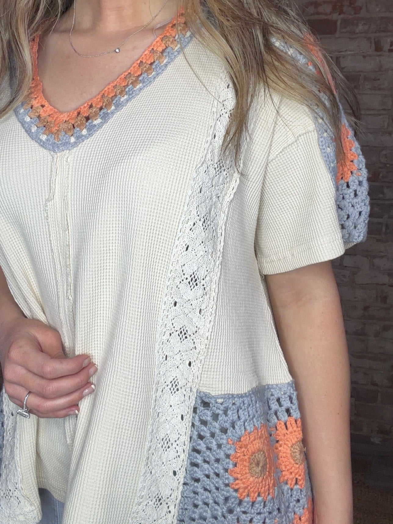 Crocheted V Neck Waffled Top