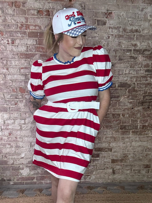 Red Stripe Puff Sleeve Dress