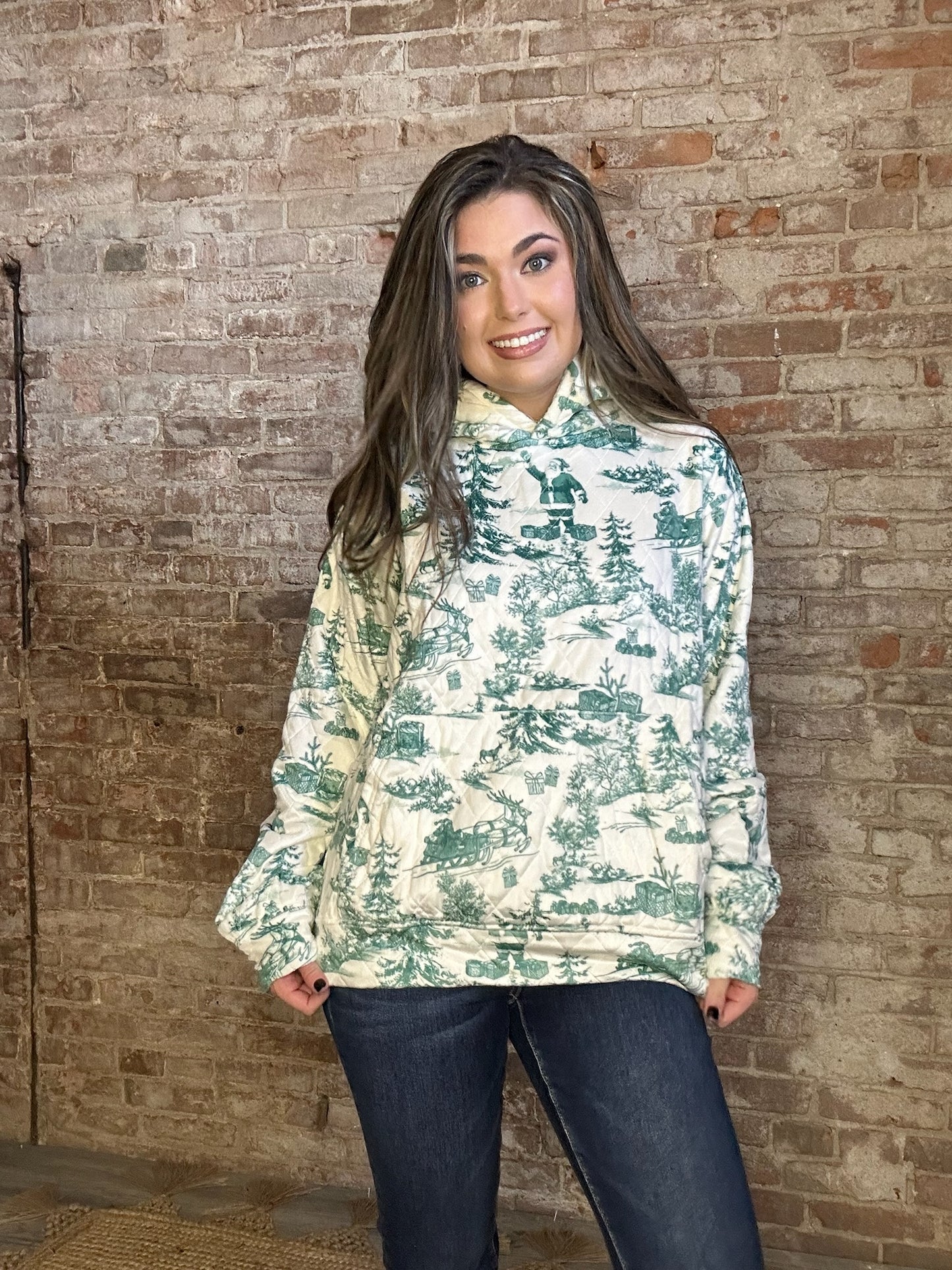 Vintage Christmas Print Quilted Sweatshirt ~ Green