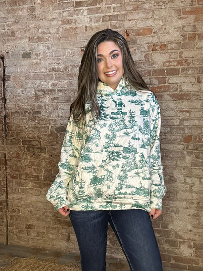 Vintage Christmas Print Quilted Sweatshirt ~ Green