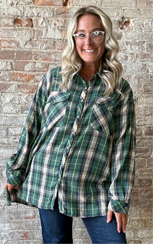 Curvy Plaid Soft  Long Sleeved Flannel ~ Hunter Green