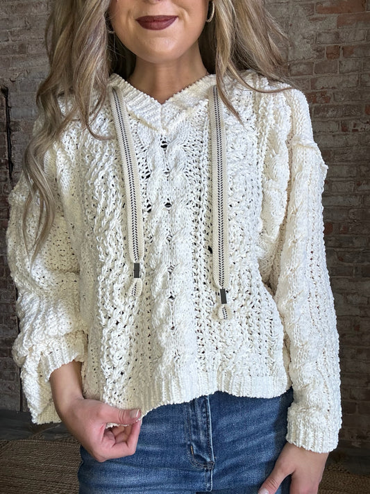 V Neck Hoodie Sweater ~ Cream