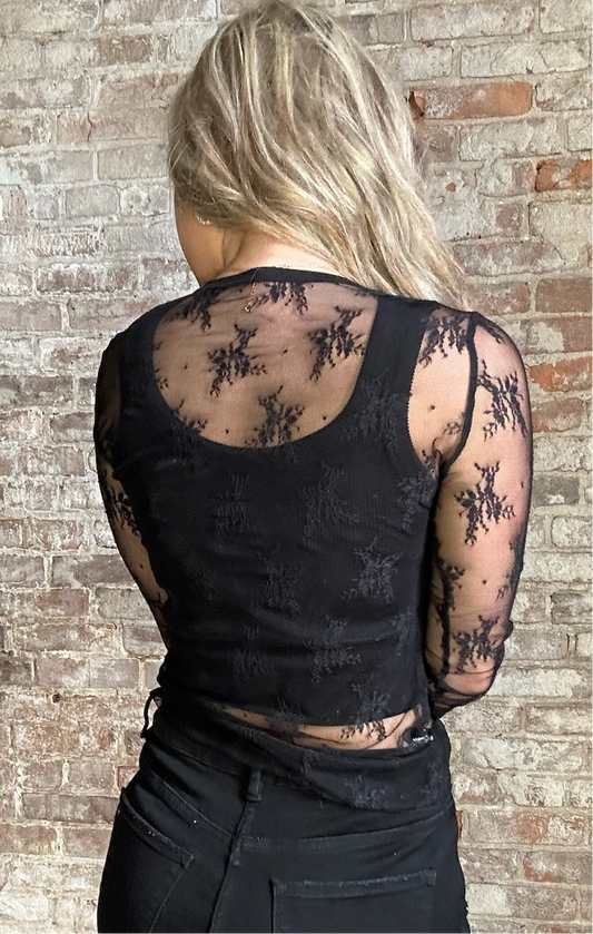 Long Sleeved Sheer Lace Mesh  Layering Top ~  Black