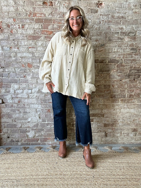 Curvy Button Down Washed Cotton Gauze Shirt