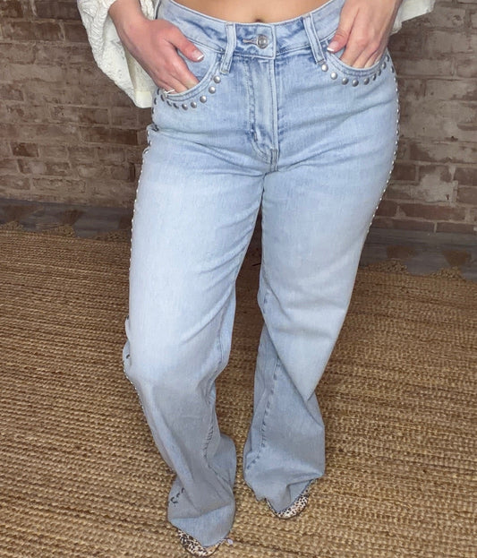 High Rise Wide Leg Studded Raw Hem Jeans