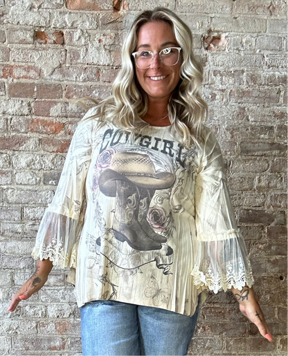 Curvy Cowgirl Top with Lace Sleeves