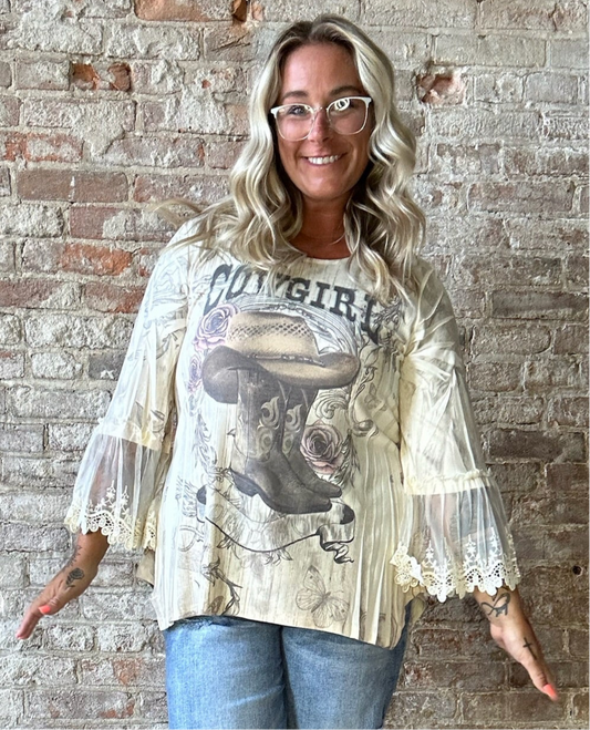 Curvy Cowgirl Top with Lace Sleeves