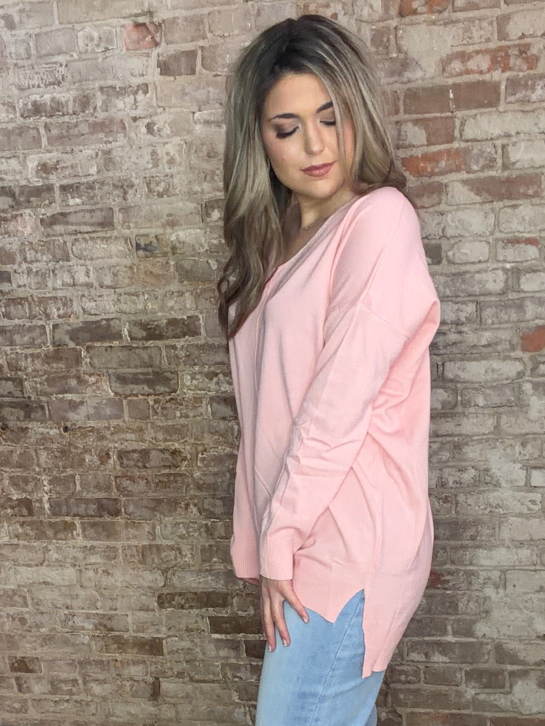 Soft Front Seam V Neck Sweater ~ Carnation