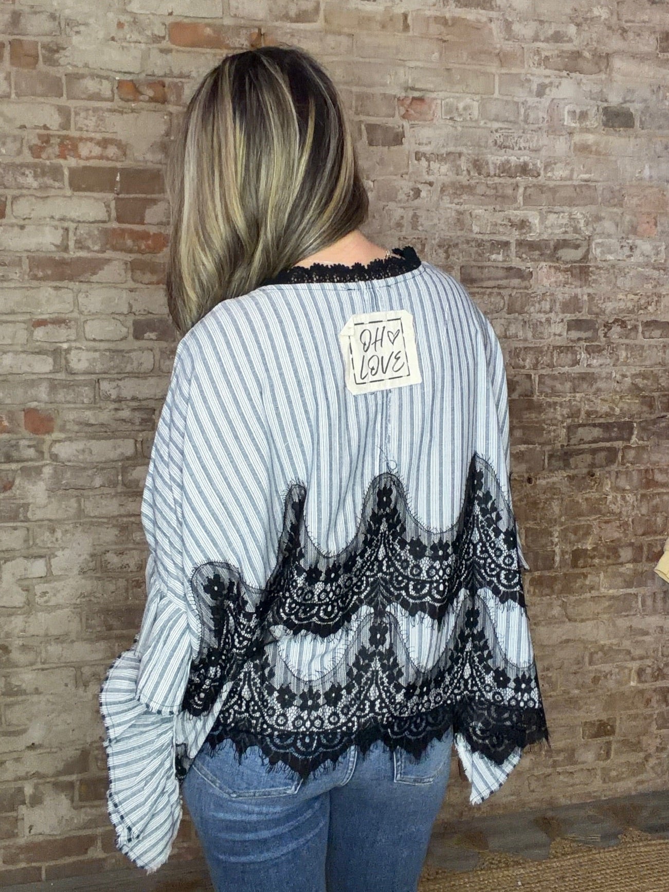 Ruffle Hemmed Lace Mix Stripe Top