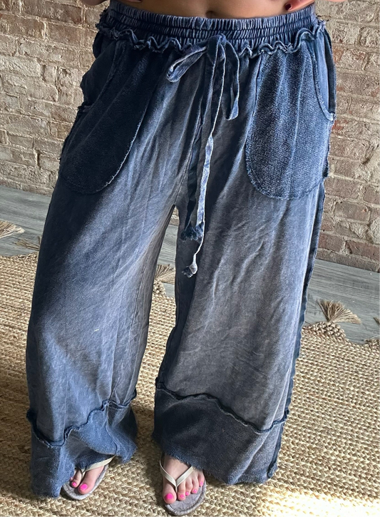 Mineral Washed Wide Legged Raw Hem Pants ~ Navy