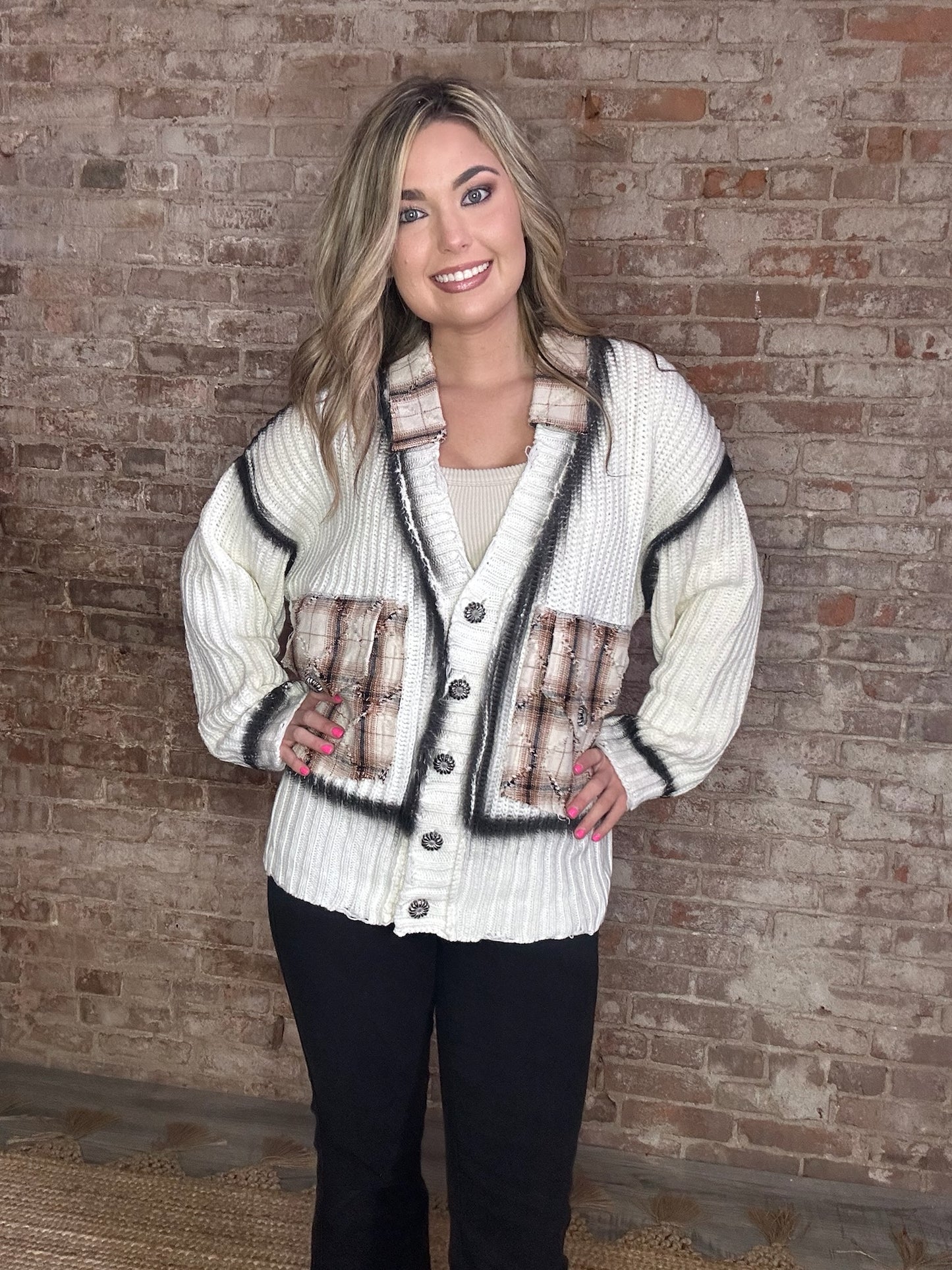 Long Distressed Cardigan with Rust Color Trim