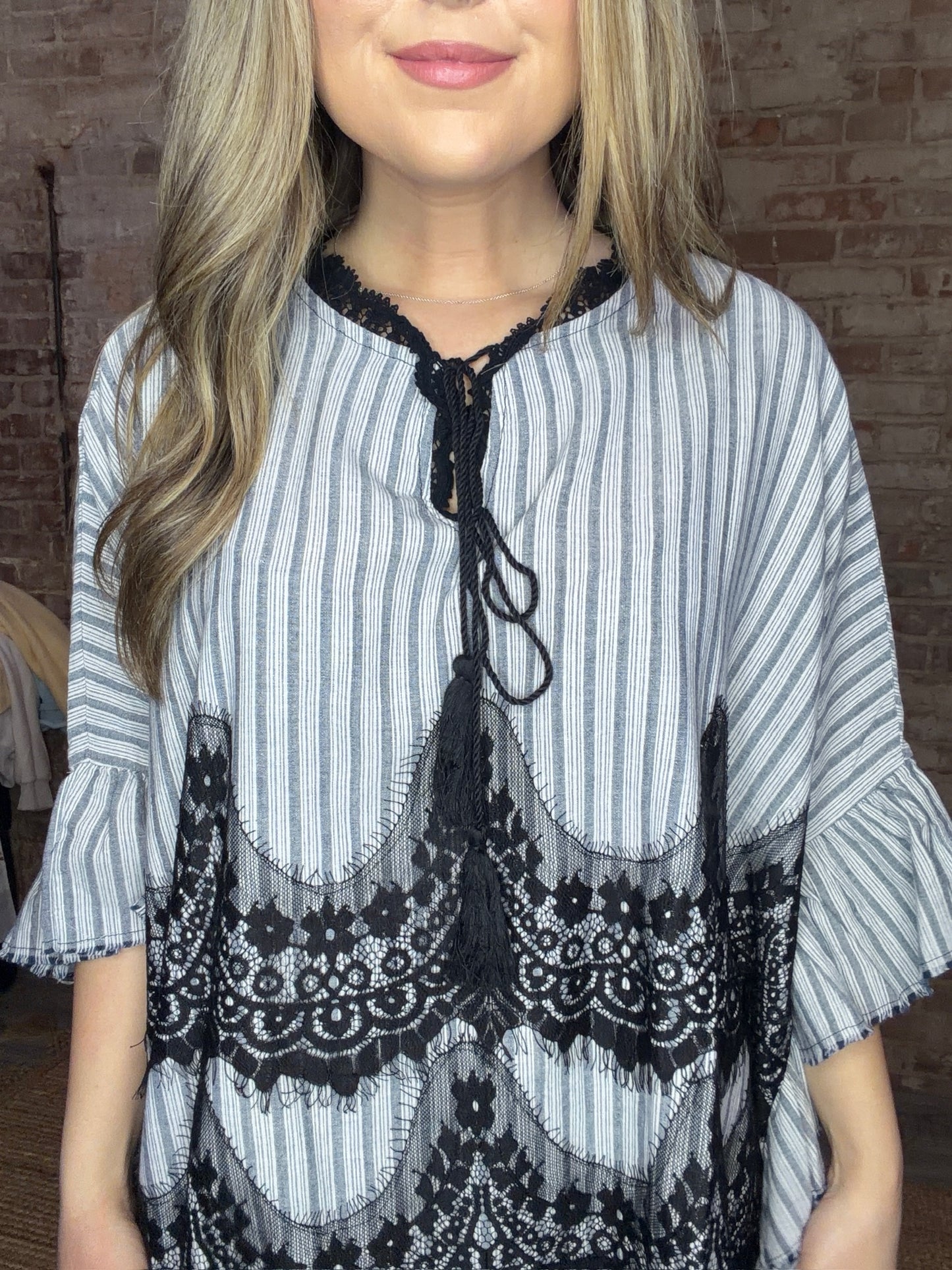 Ruffle Hemmed Lace Mix Stripe Top