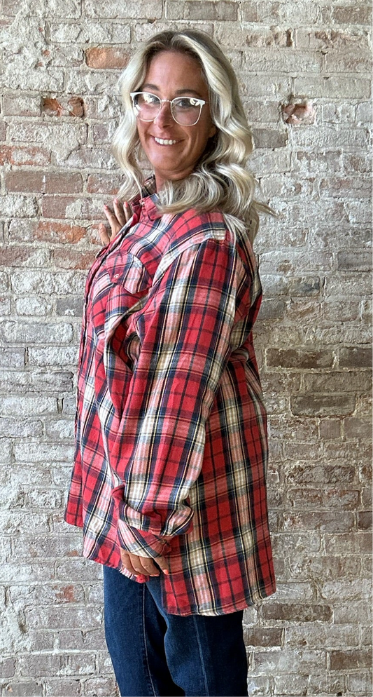 Curvy Plaid Soft  Long Sleeved Flannel ~ Red