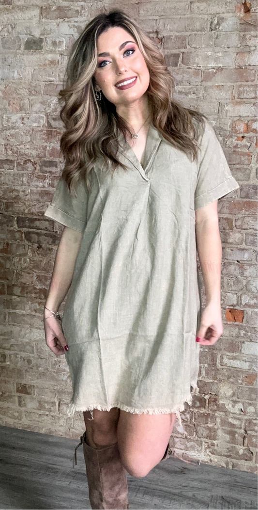 Washed Linen Raw Edge V-Neck  Dress