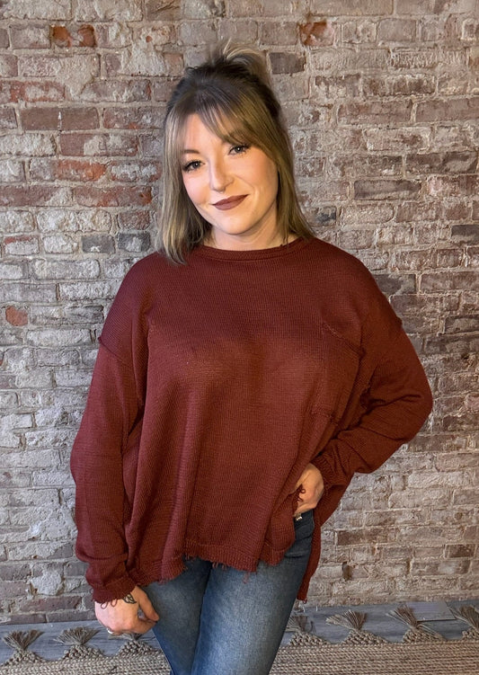 Mahogany Knit Distressed Sweater