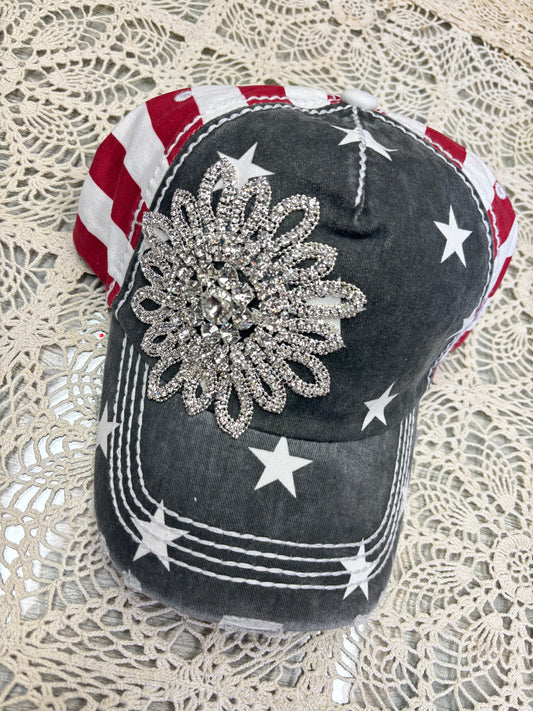 Sunflower Rhinestone Bejeweled Glitz USA Cap, Adjustable