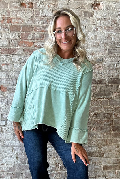 Curvy 3/4 Sleeved Mineral Washed Waffle Knit ~ Turquoise