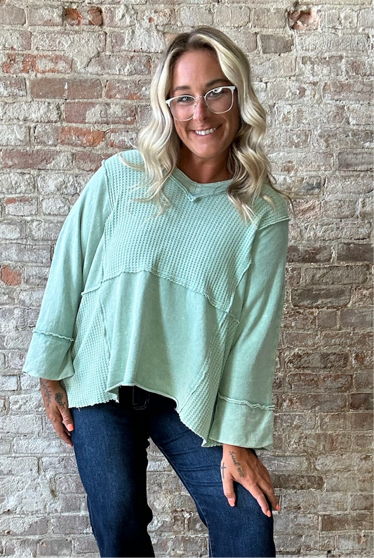 Curvy 3/4 Sleeved Mineral Washed Waffle Knit ~ Turquoise