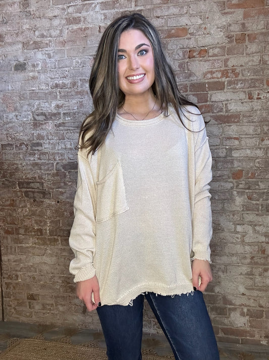 Simple Distressed Hem Sweater ~ Ivory