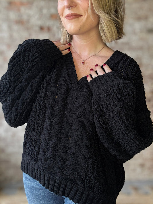 V-Neck Balloon Sleeved Sweater ~ Black