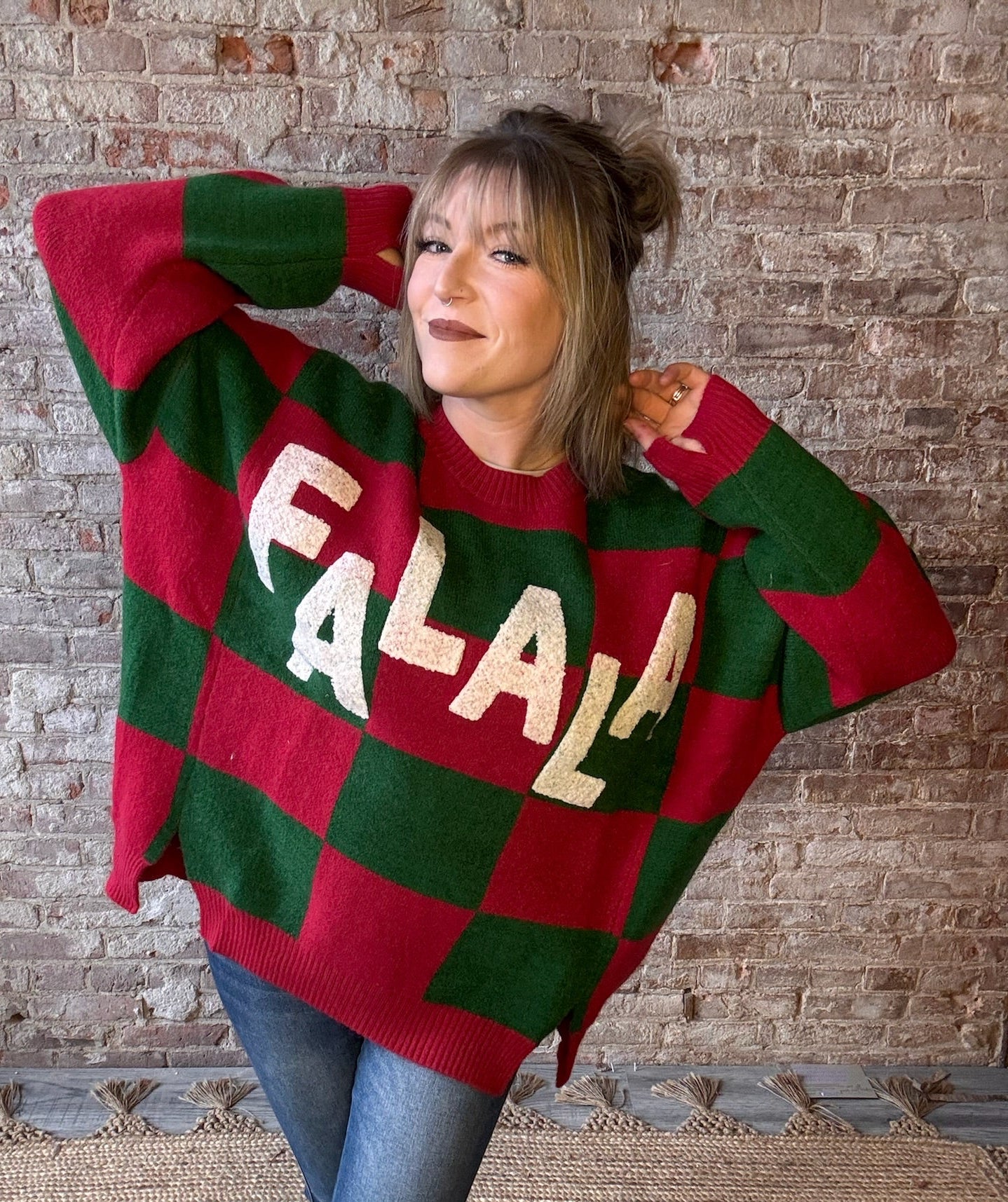 FALALA Checkered Christmas Sweater ~ Red and Green