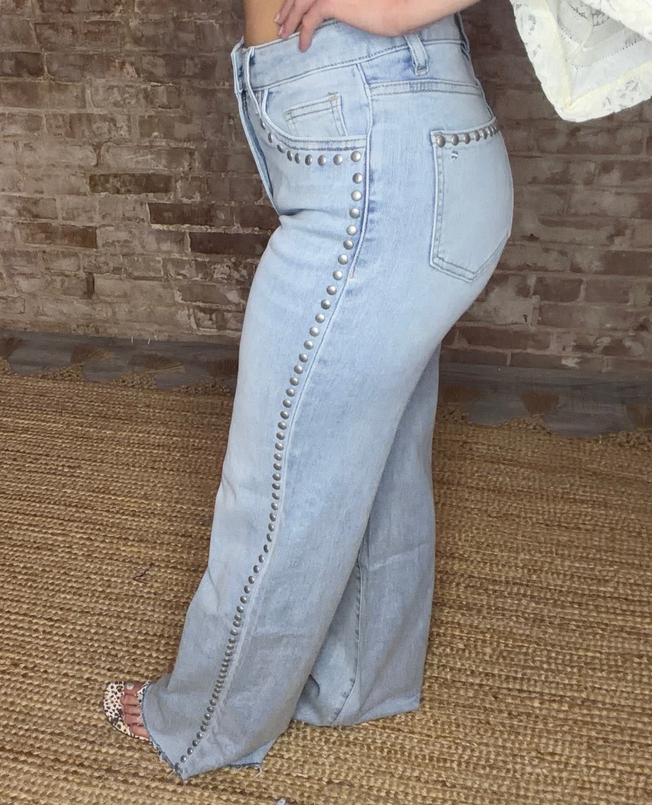High Rise Wide Leg Studded Raw Hem Jeans