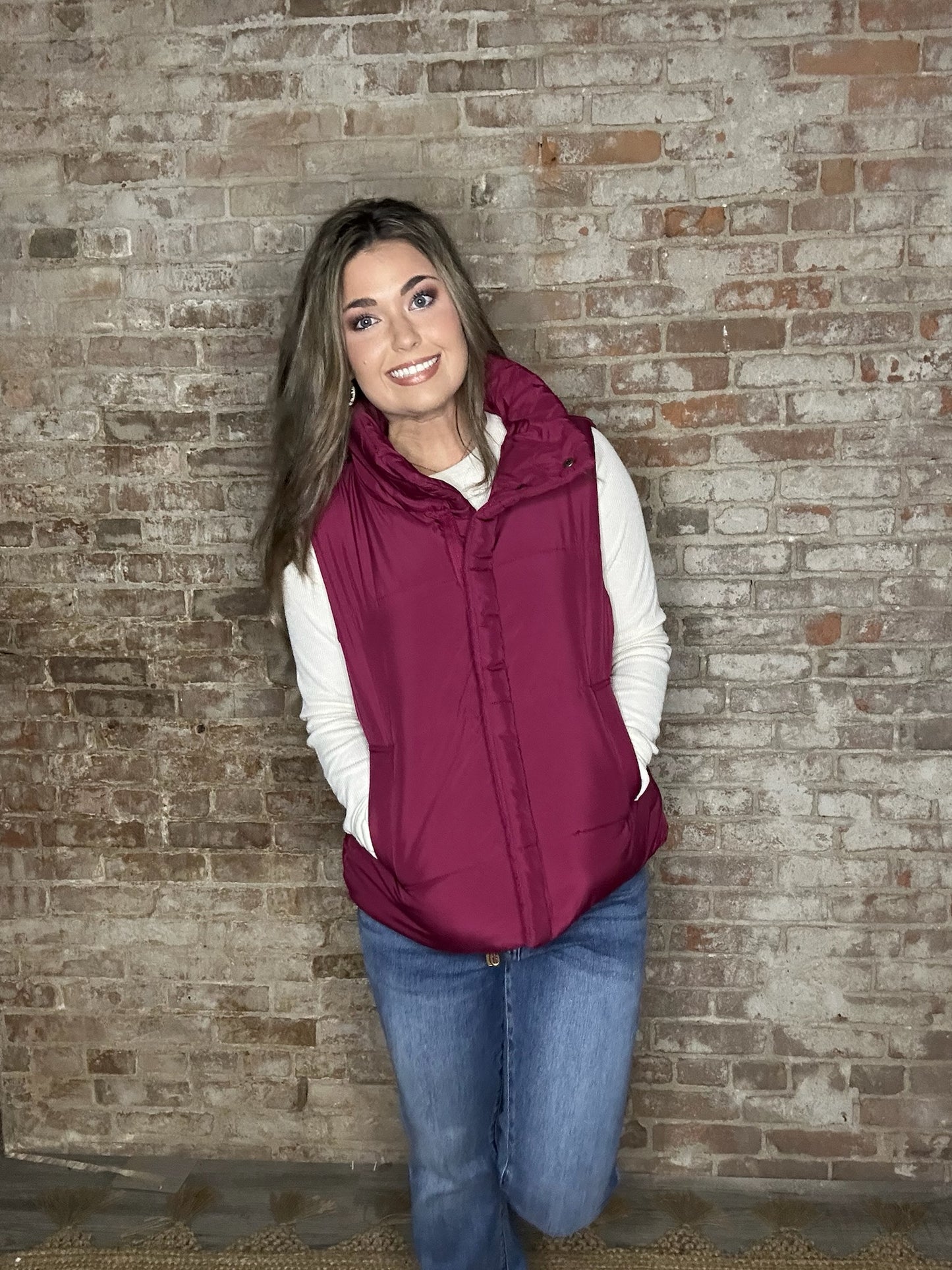 High Neck Puffer Vest ~ Burgundy