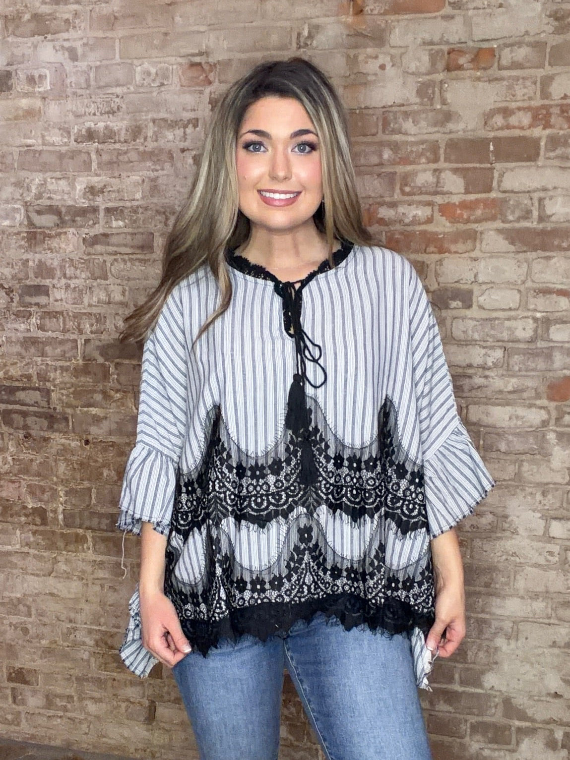 Ruffle Hemmed Lace Mix Stripe Top