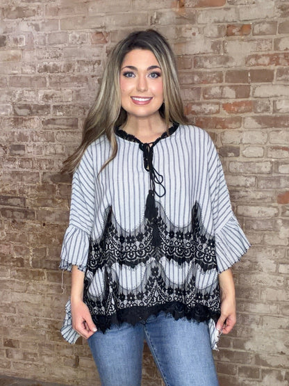 Ruffle Hemmed Lace Mix Stripe Top