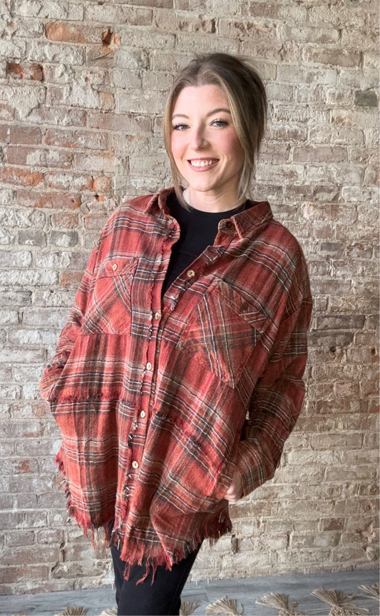 Mineral Washed Plaid Flannel Shirt ~ Rust