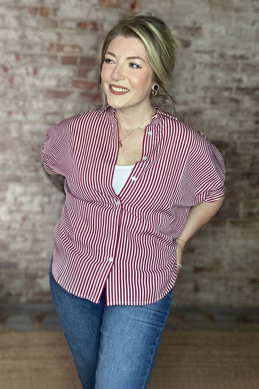 Oversized Short Sleeve Button Down Shirt ~ Red