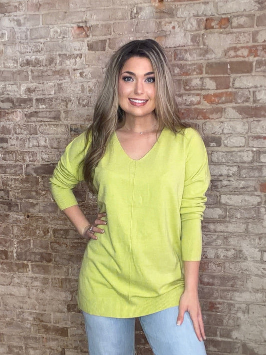 Soft Front Seam V Neck Sweater ~ Matcha Green