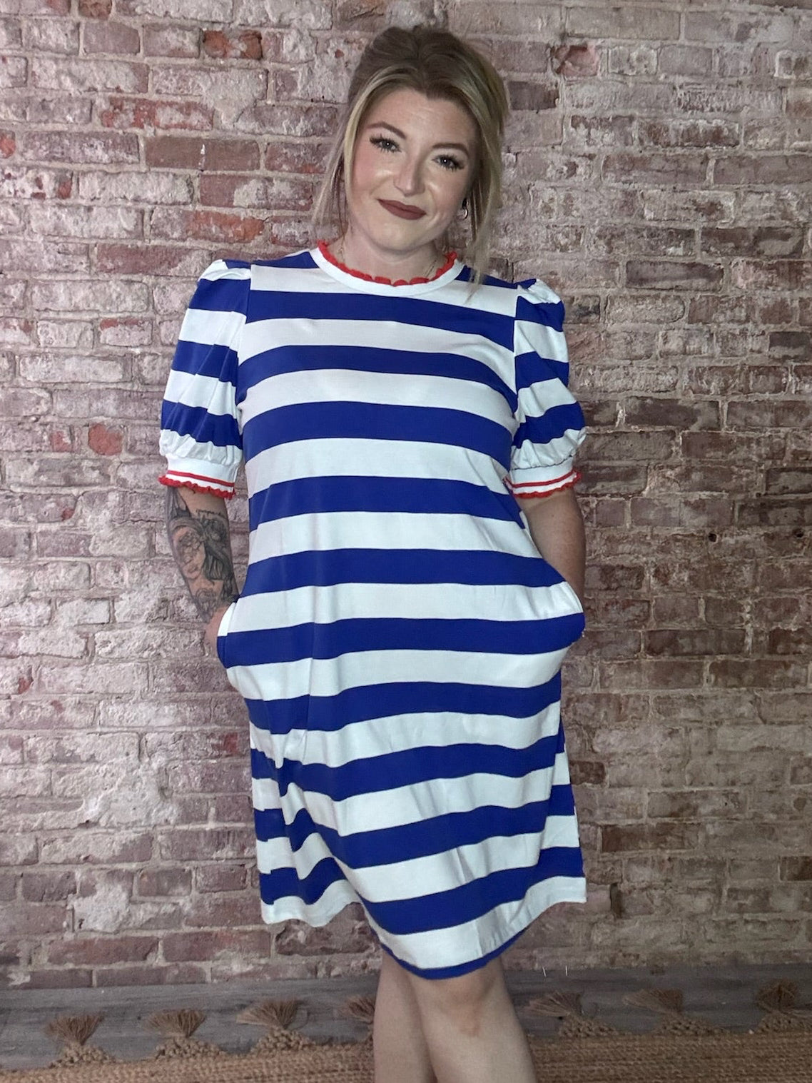 Blue Stripe Puff Sleeve Dress