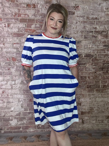 Blue Stripe Puff Sleeve Dress