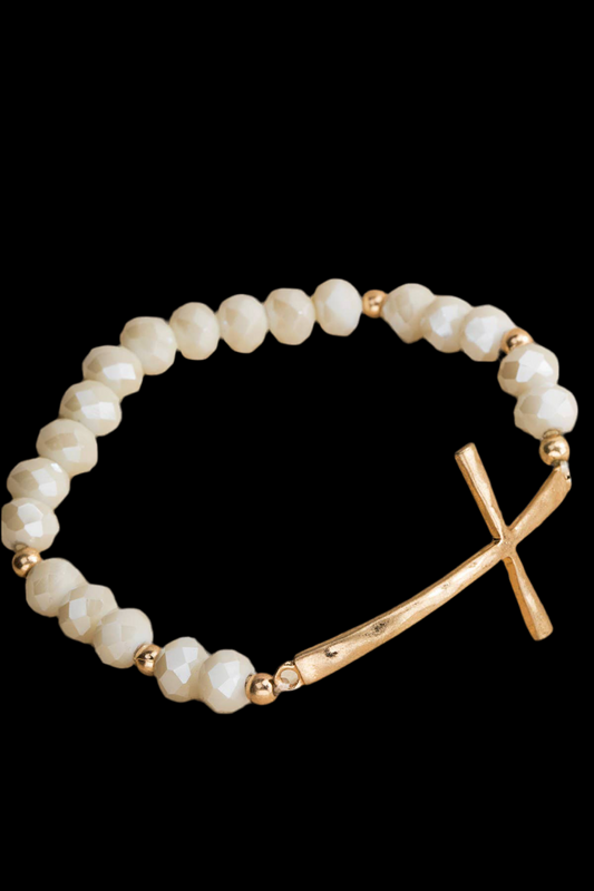 Hammered Metal Cross Bracelet~ Ivory / Gold
