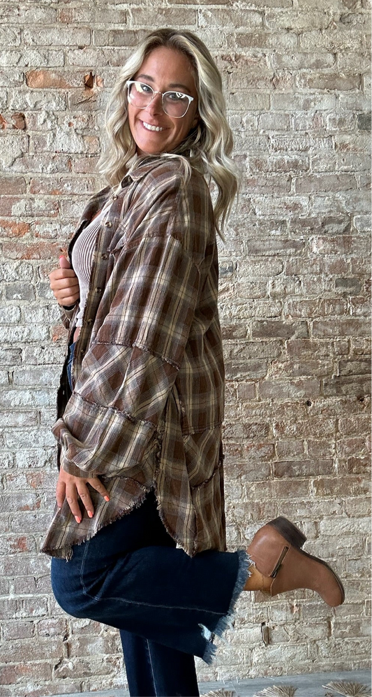 Curvy Mineral Washed Plaid Tunic ~ Coffee