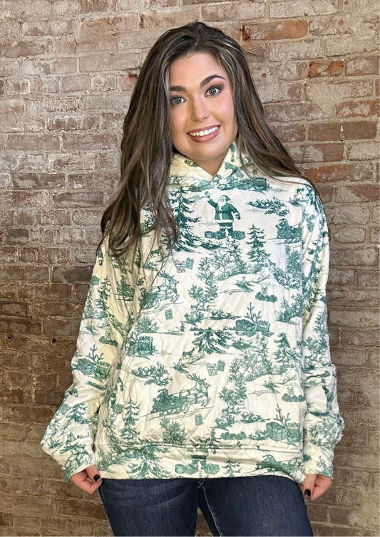 Vintage Christmas Print Quilted Sweatshirt ~ Green